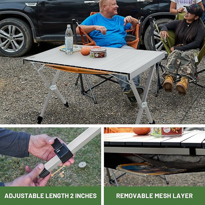 TIMBER RIDGE Folding Camping Table Adjustable Height 4-6 Person Lightweight Aluminum Roll-up Table for Camping Outdoor Picnic BBQ Backyard Party Support 220 lbs Silvery