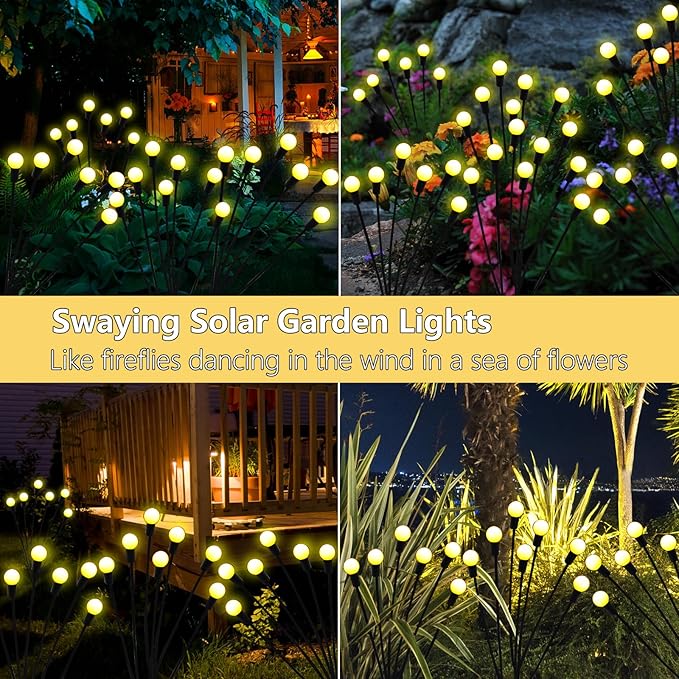 Solar Garden Lights Outdoor 4 Pack 40 LED Solar Firefly Lights Waterproof Sway by Wind Swaying Light for Yard Patio Backyard Garden Planter Flower Bed Pathway Outdoor Decoration (Warm White)