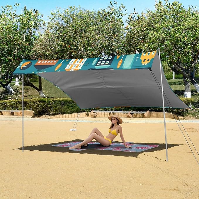 Camping Sun Shelters Cartoon Vehicles and Buildings Beach Canopy 126 * 110.2in