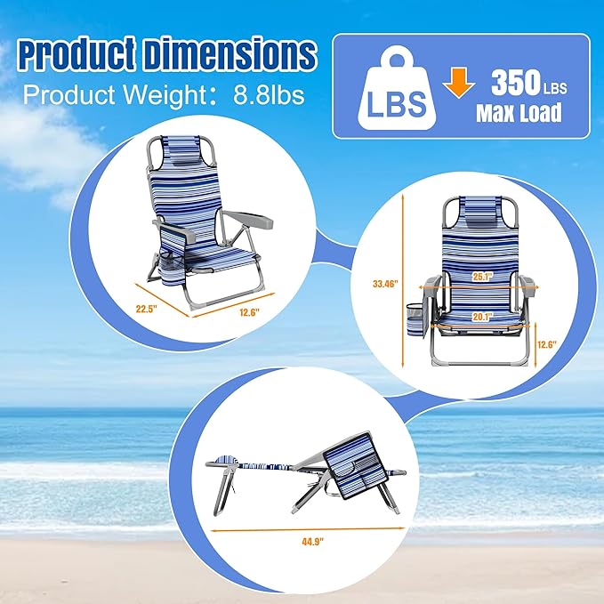 Lightweight Portable Beach Chair for Adults 350 LBS Capacity Backpack Beach Chair Reclining Beach Chair with 5-Position Lay Flat Large Cup Holder for Beach Camping Sports