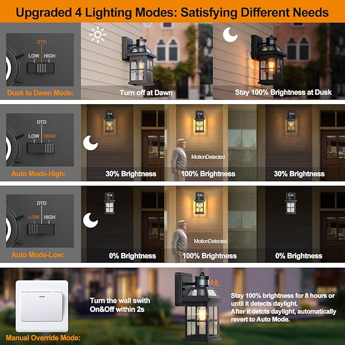Motion Sensor Outdoor Light Fixtures 2-Pack Upgraded Anti-Rust Aluminum Outdoor Sconces Front Porch Lights Black Exterior Light Fixtures Dusk to Dawn Outside Lights House ETL Certified