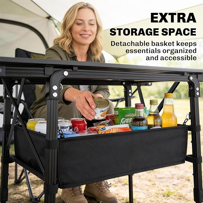 Outsunny 3ft Portable Camping Table with Storage Bag Adjustable Height Aluminum Small Folding Table Lightweight Picnic Table with Carry Bag for Outdoor Picnic BBQ Backyards Beach Black