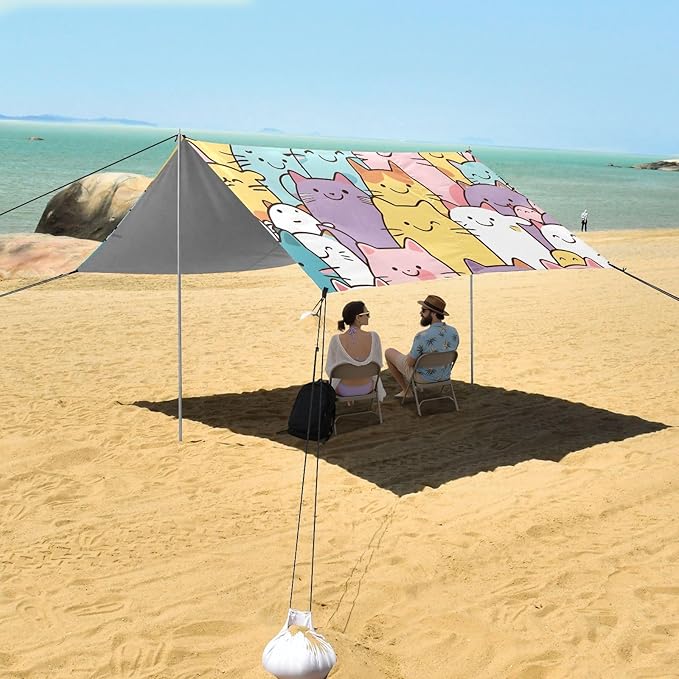 Seamless Pattern of Cats Camping Sun Shelter Beach Tent Portable Beach Sun Shade Outdoor Canopy for Camping Trips Fishing Picnic