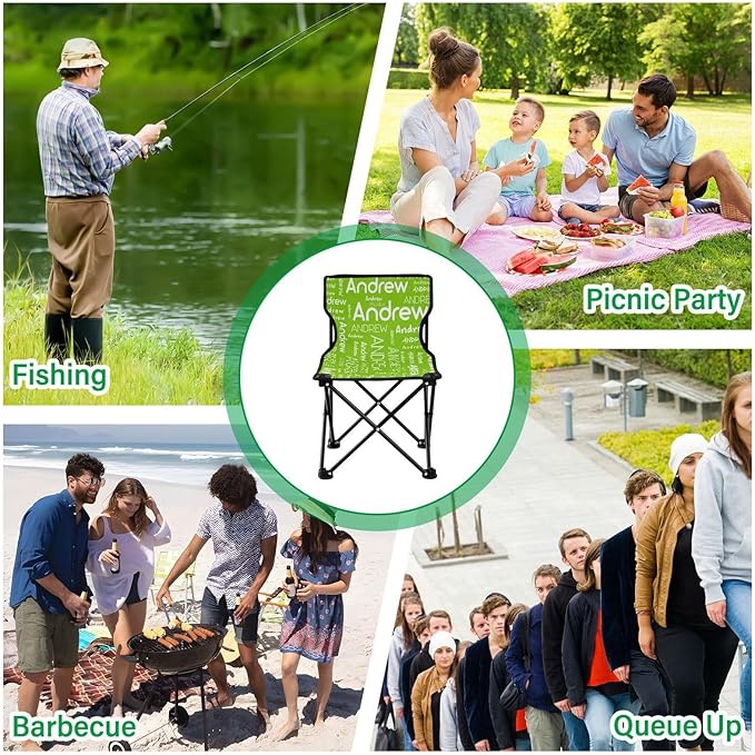 Sinestour Light Green Custom Folding Camping Chair for Teen Child Personalized Name 14.6×14.6in Portable Outdoor Chair with Carry Bag for Travel Hiking Lawn