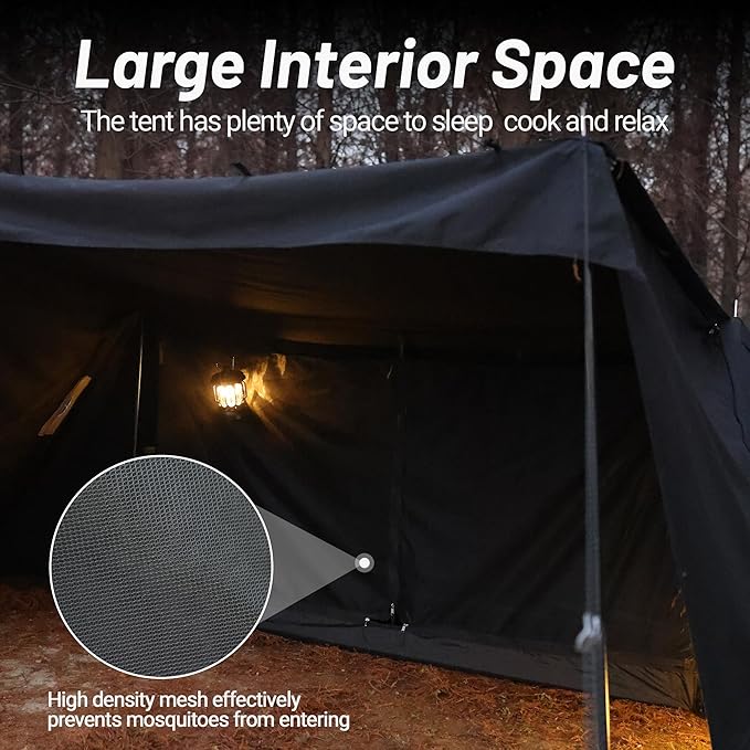 Hot Tent for 1-2 Person PU3000mm Waterproof Aluminum Poles for Winter Camping with Stove Jack (Fire-Resistant) Ventilation Mesh &amp Windproof Enclosure Multi-Use for Cooking Relaxing &amp Over