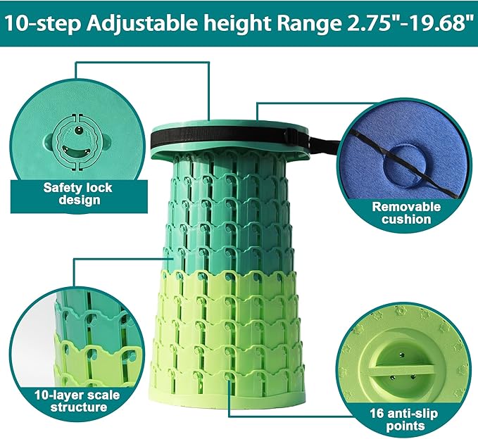 ALEVMOOM Upgraded XXL 50 Portable Collapsible Stool with CushionTelescoping Folding Stool for AdultsYet More Sturdy Camping Stool with Load Capacity 1000lbsfor Outdoor Garden Hiking BBQ