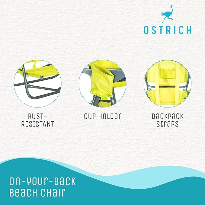 Ostrich the Heavy-Duty Backpacker Portable Beach Chair w/Face Hole Adjustable Lounge Chair w/Face Opening Cup Holder &amp 325lb Capacity Lime Green