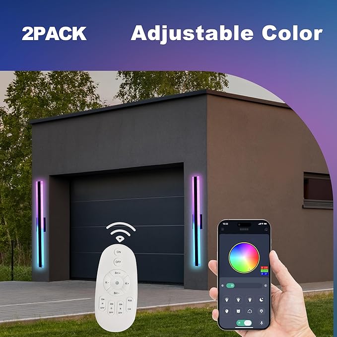 TODOLUZ Outdoor RGB Long Wall Lights32 inch 2 Pack RGB/Warm/White Dimmable Modern Led Wall Lighting Ip65 Waterproof Wall Sconce with Remote APP Control for Outdoor/Indoor Party Gathering