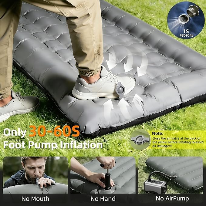 Camping Sleeping Pad Extra Thick 6 Inch Camping Mat with Built-in Pillow &amp Foot Pump Ultralight Inflatable Sleeping Pad for Backpacking Hiking Travel Tent(Gray)