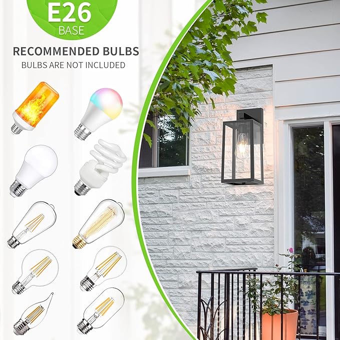 MAXvolador Outdoor Wall Sconce Large Exterior Waterproof Wall Lantern Light Fixture Black Porch Lights Glass Anti-Rust E26 Patio Lighting 2 Pack