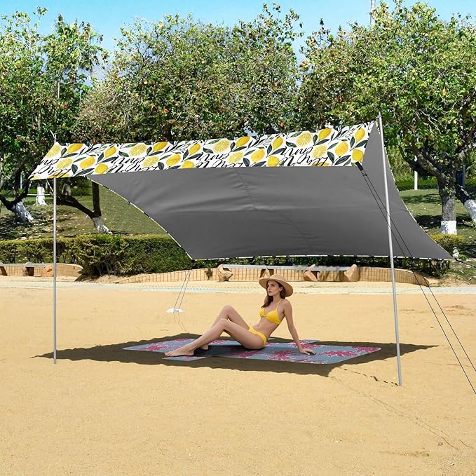 ALAZA Lemon Leaf Beach Tent Sun Shelter UPF50+ Protection Beach Shade Canopy w/ 4 Sandbags for Outdoor Camping Fishing Backyard Fun Picnic 10x9 ft