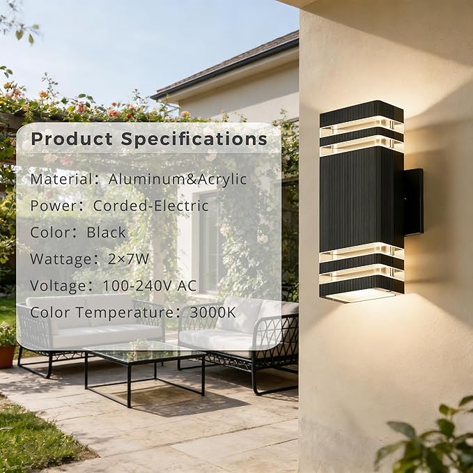 Outdoor Wall LightsSquare Aluminum Up and Down Exterior Lighting Fixtures Wall Mount with 2 * 7W LED Bulbs 3000K Waterproof Outdoor Lights for House Porch Patio Garage Black