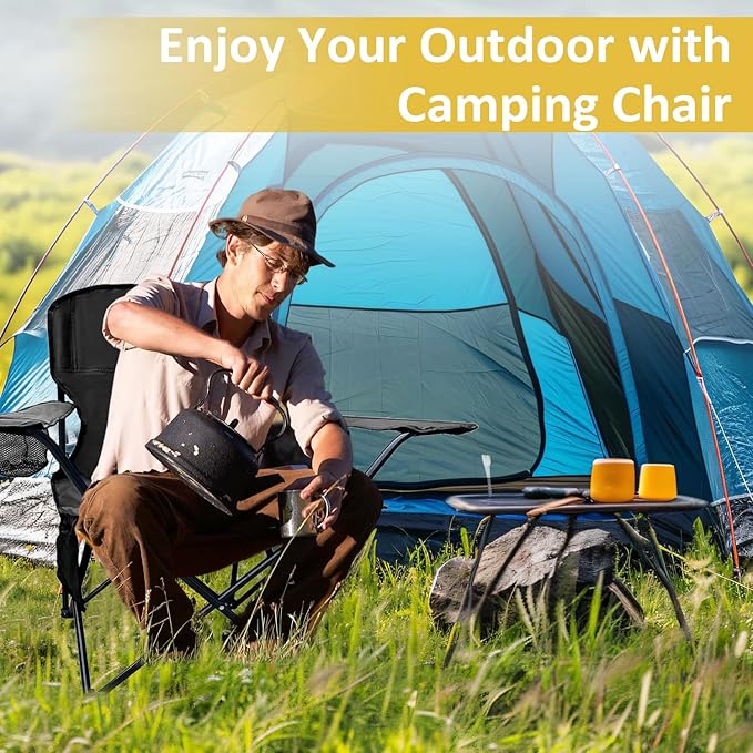Folding Camping Chair with Cup Holder and Cooler Bag Portable Outdoor Chair for Camping Fishing Beach Picnic Heavy Duty Steel Frame Carry Bag Included Supports 225LBS Green 2 Pack