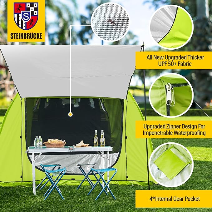Universal SUV Camping Tent with Spacious Awning 4000mm Waterproof Car Tent Up to 4-Person Sleeping Capacity Camping Accessories Easy Setup for Backpacking Traveling Hiking Outdoors