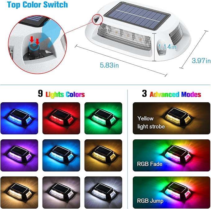 VOLISUN Solar Driveway Lights Dock Deck Lights 4 Pack9 Colors in 1 Led IP67 Waterproof Outdoor Warning Step Lights for Driveway Sidewalk Pathway RGB