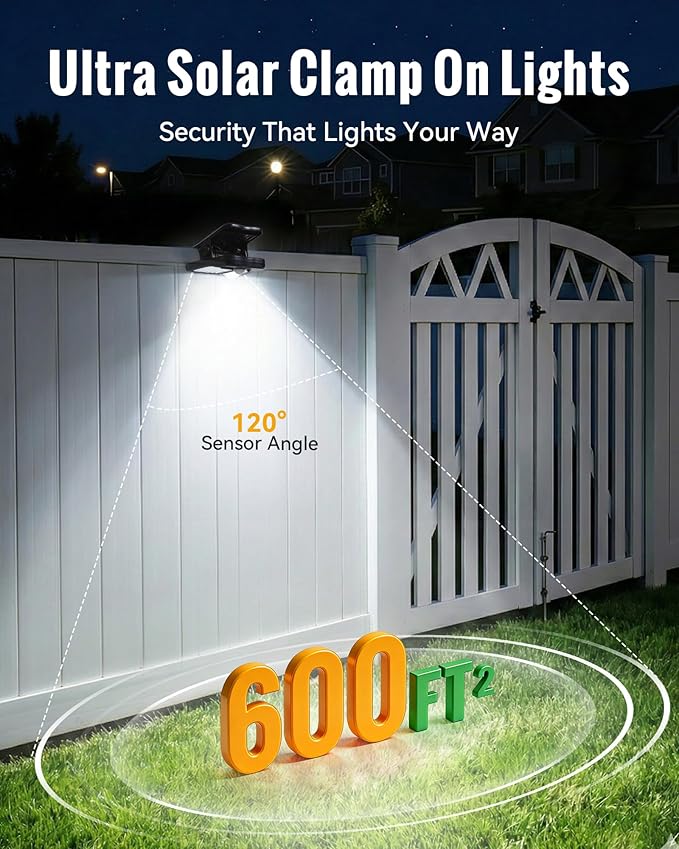 4 Pack Clip On Solar Fence Lights Outdoor Waterproof Security Motion Sensor Lights with 3 Light Modes for Fence Wall Garage Garden Yard Patio Umbrella