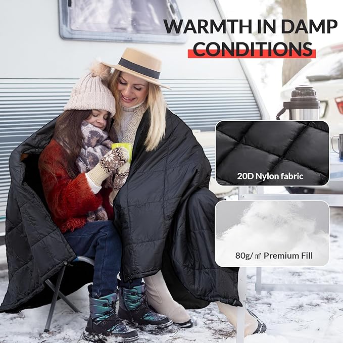 Camping Blanket with Zipper Pocket 85'' x 61'' Large Wearable Hooded Blanket Ultralight Warm Sleeping Bag Windproof Camping Poncho for Outdoor Stadium Sports Gaming Hiking Picnic Concerts