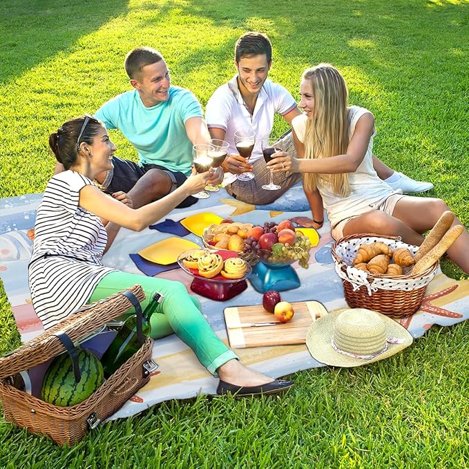 Waterproof Sandproof Beach Blanket 59''×68'' Happy Fish Pattern Polyester Outdoor Picnic Blanket with 4 Stakes &amp Storage Bag for BeachCampingVacation