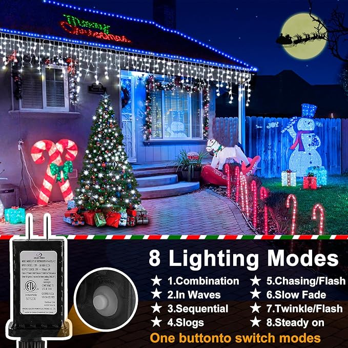 Heceltt White Christmas Lights Outdoor 49FT 480 LED Ice Lights for Outside with 90 Drops Clear Wire 8 Modes Timer Plug in Waterproof for Holiday Eaves Yard Roof Party Christmas Decoration