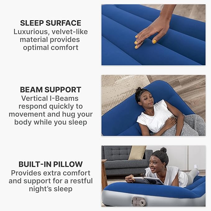 Air Mattress with Built-in Electric Pump Twin Size 12 Inch Inflatable Mattress for Adults 2-Minute Fast Inflation Built-in Pillow Tritech I-Beam Support 330 lbs Capacity Includes Storage Bag