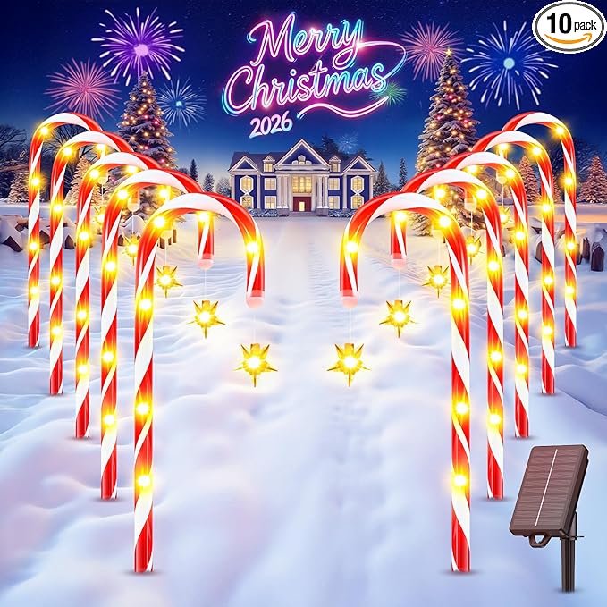 WdtPro 10-Pack Upgraded Solar Christmas Candy Cane Lights Solar Pathway Lights Waterproof Christmas Decorations Outdoor with 10 Modes and Bright 60 LED for Yard Garden Lawn Patio Party Decor