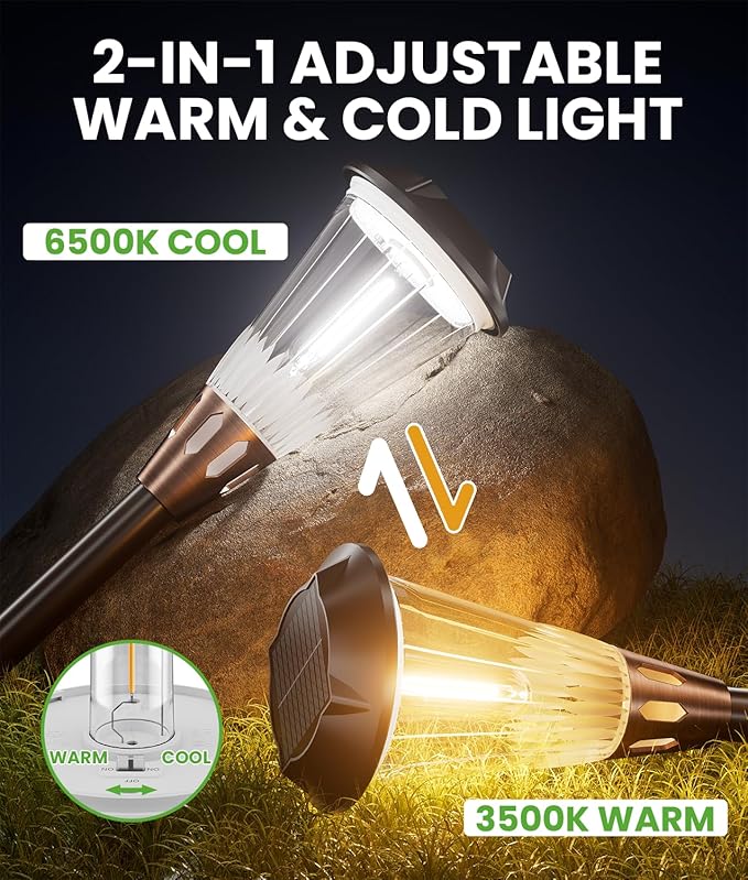 4 Pack Solar Pathway Lights Waterproof IP65 2-in-1 Warm&ampCool Solar Lights Outdoor Bright Solar Light Outside Pathway Auto On/Off Outdoor Light for Yard Walkway Driveway Landscape