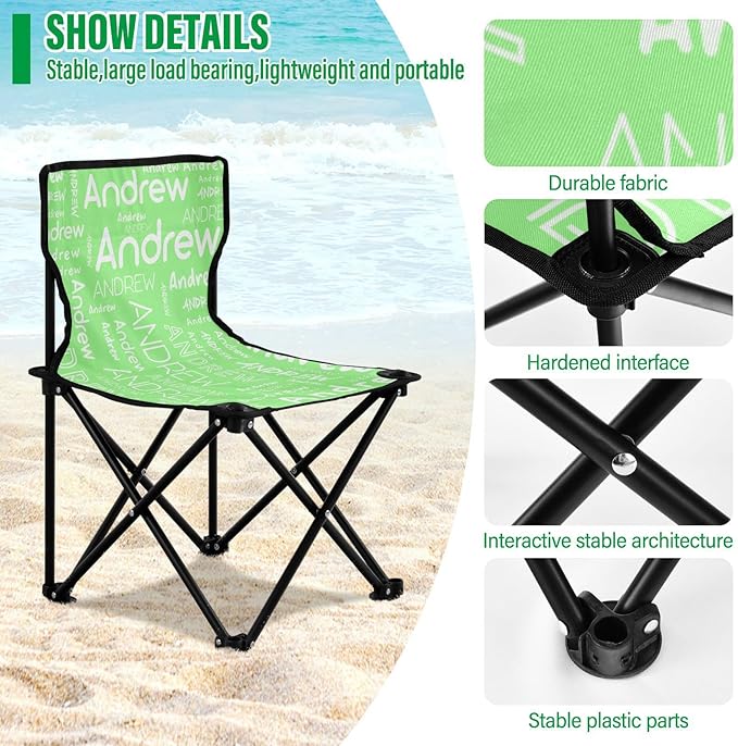 Sinestour Pale Green Custom Folding Camping Chair for Teen Child Personalized Name 14.6×14.6in Portable Outdoor Chair with Carry Bag for Picnic Lawn Travel