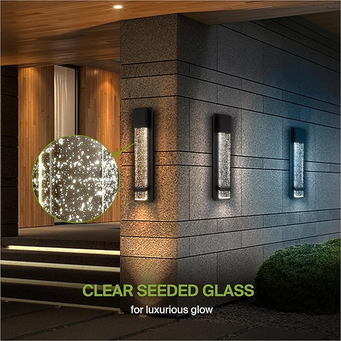 ASD LED 18 Bubble Glass Wall Light Fixture Outdoor &amp Indoor Seeded Sconce | 3CCT Waterproof Dimmable ETL Listed | 12W 500LM 3000-5000K 120V | Exterior Lantern Porch Lighting | Black