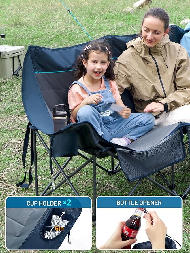 Timber Ridge 3 Person Camping Chair with Cup Holders and Pockets Outdoor Folding Loveseat Camping Chairs 1050lbs Capacity Heavy Duty Camp Couch for Outside Picnic Beach Lawn Sports Blue