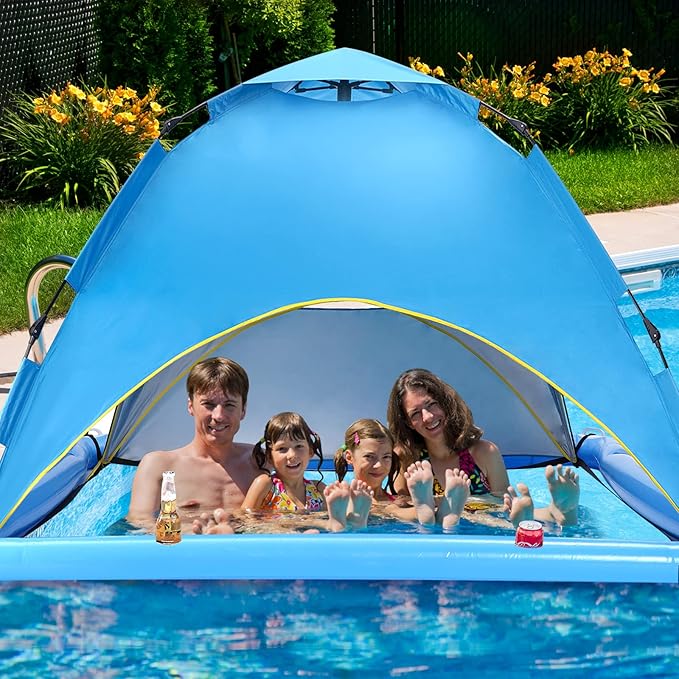 Sun Shade Sails for Swimming Pool2 Person Automatic Pop Up Pool Spa Sun ShelterUPF 50+ UV Protection and Waterproof Floating Shade Tent for Pool and Lake with Carry Bag (Blue New)