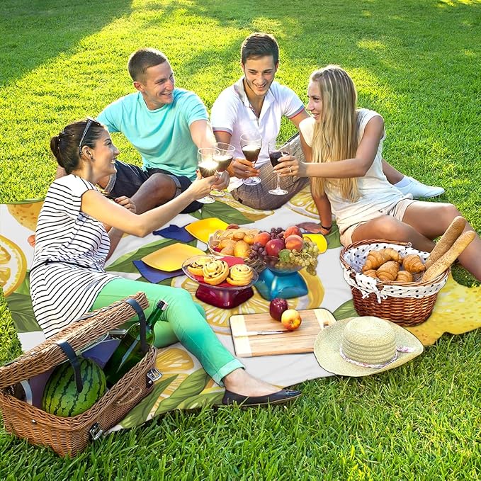 Waterproof Sandproof Beach Blanket 59''×68'' Lemon Polyester Outdoor Picnic Blanket with 4 Stakes &amp Storage Bag for BeachCampingVacation White Background
