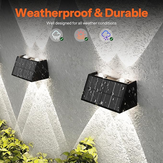 8-Pack Solar Fence Lights Up &amp Down Lighting 50LM/25LM 4 Modes (3000K/6500K) IP65 Waterproof 1200mAh Battery Screw/Adhesive Mount for Garden Wall Path Deck
