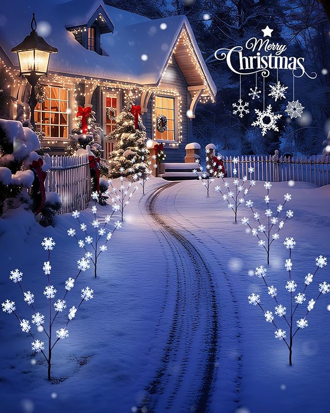 Brightown Snowflake Lights Outdoor Pathway 8 Packs Lighted Branches Christmas Yard Decor Small Tree with Lights Twig Branch Outdoor Christmas Decorations Pure White