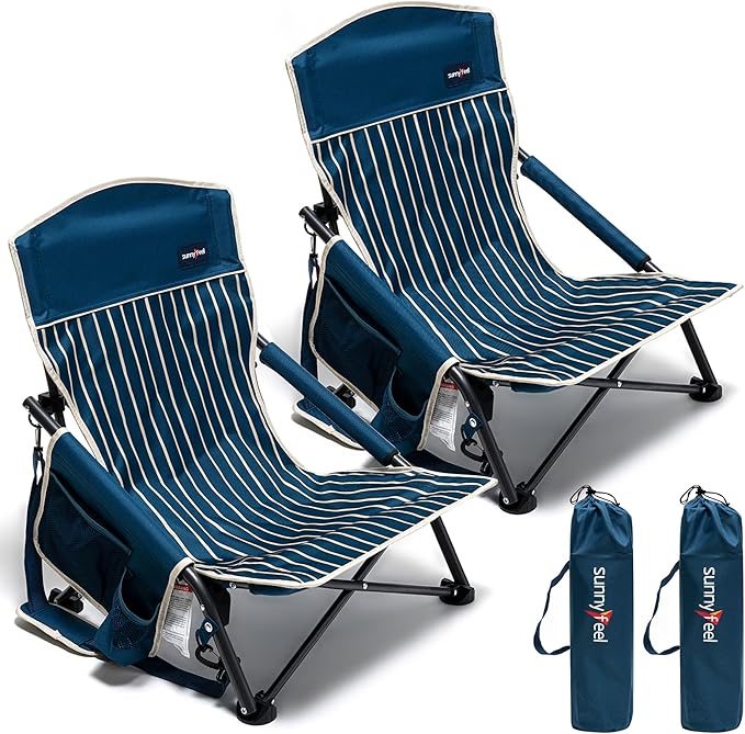 SUNNYFEEL Folding Low Camping Beach Chair 2 Pack Portable Backpacking Chairs with Cup HolderCarry Bag Compact &amp Heavy Duty for Adults 300 LBS for Outdoor Picnic Fishing Sand Lawn
