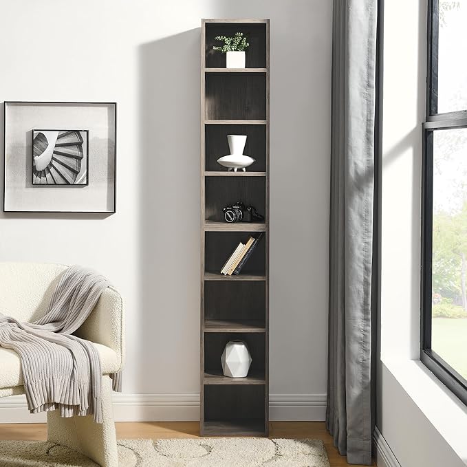 8-Tier Media Tower Rack CD DVD Slim Storage Cabinet with Adjustable Shelves Tall Narrow Bookcase Display Bookshelf for Home OfficeMulti-Functional Double-Decker Bookcase
