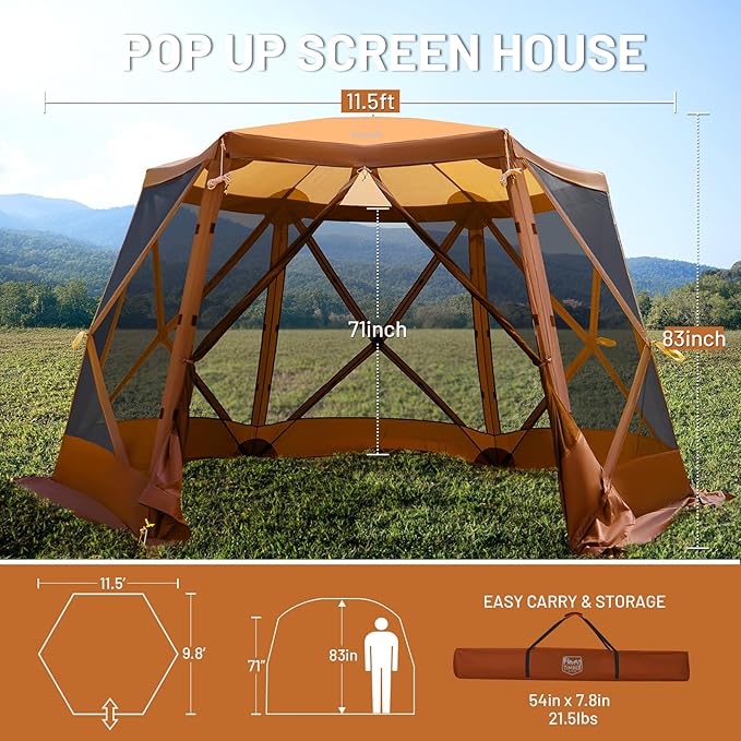 TIMBER RIDGE Easy Pop Up Gazebo Canopy Tent for Camping 11.5 X 9.8 Ft Portable Instant Screenhouse Pop Up Screened in Canopy with Netting for Backyard Patio Outdoor Tailgating Picnics Orange