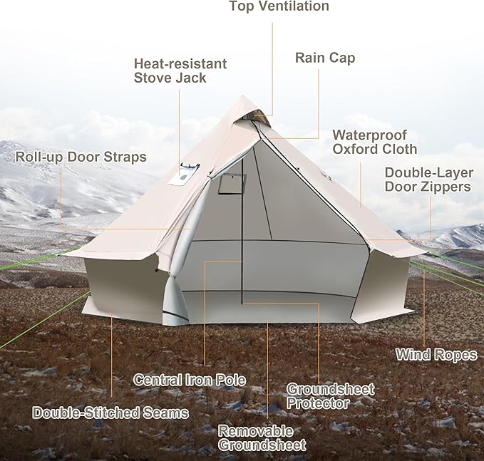 Yurt Tent 118 x 118 x 79 in 4-Season Camping Tent with Stove Jack 2-3 Person Oxford Tents Waterproof Bell Tent and Windproof Easy SetupTraveling Hiking Picnic