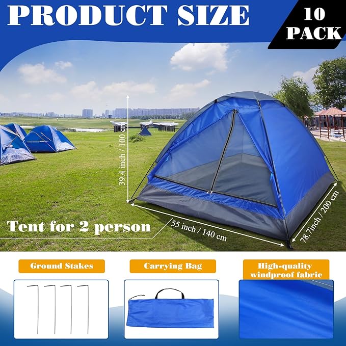 SATINIOR 10 Pack 2 Person Tents for Homeless Bulk Homeless Backpacking Supplies Lightweight Tent Waterproof Windproof Setup with Stakes Carrying Bag for Camping Charitable Donation