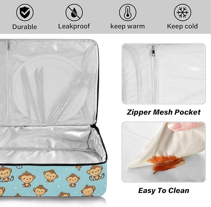 Casserole Carrier Monkey PatternInsulated Casserole Carrier for Hot or Cold Food Thermal Lunch Tote for Potluck Parties Picnic Beach Fits 9 x 13 Inches Baking Dish