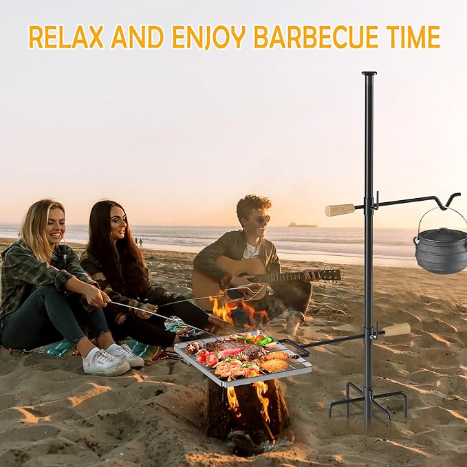 Campfire Grill Grate with Swivel Handle Campfire Cooking Equipment - Fire Pit Grill Grate with Heavy Duty Steel For Outdoor BBQ Camping and Cooking Black