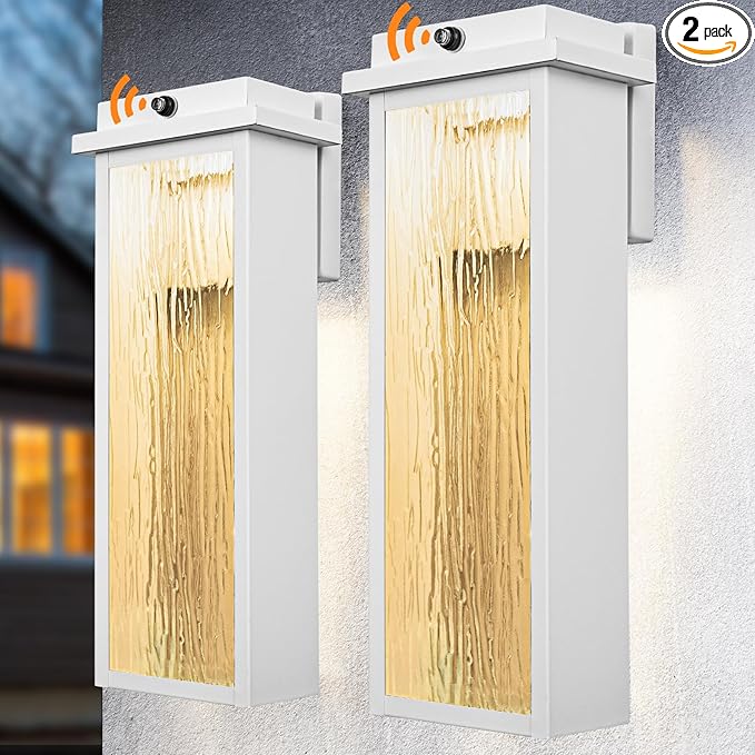 White LED Dusk to Dawn Outdoor Lighting 2 Packs 16 Large Outside Farmhouse Wall Lantern Industrial Porch Wall Mount Light Fixture with Rippled Glass Waterproof Modern Exterior Sconce Lamp
