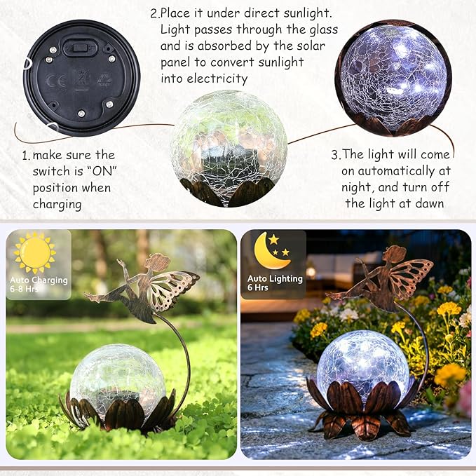 MUMTOP Solar Lantern Fairy Light Crackle Glass Solar Lights Outdoor LED Waterproof Tabletop Lamp for Table Yard Garden Patio Lawn Decor
