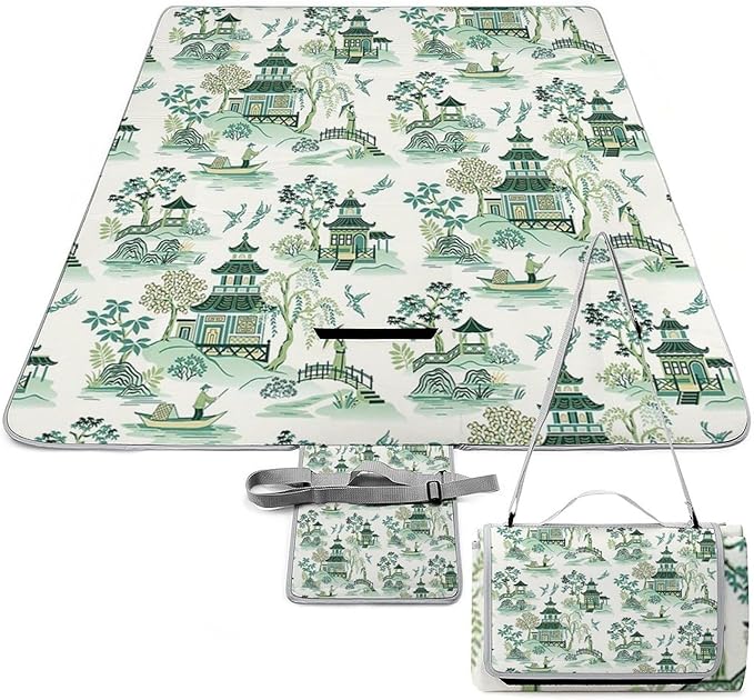 Blue and White Ancient Chinese Folk Chinoiserie Style Waterproof Outdoor Picnic Blanket Sandproof Beach Mat for Camping Hiking Grass Travelling