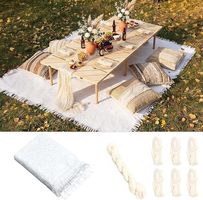 Boho Picnic Blanket Set 91 x 71 Woven Cotton Picnic Blanket with Beige Table Runner and 6 Handmade Cloth Napkins Bohemian Outdoor Picnic Setup for Beach Camping Wedding Decor