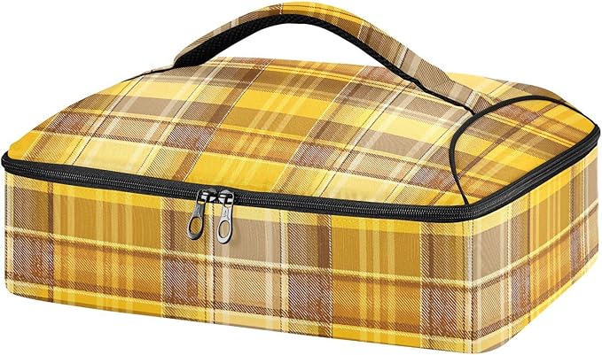 Casserole Carrier Yellow Plaid Insulated Casserole Carrier for Hot or Cold Food Thermal Lunch Tote for Parties Picnic Travel Carry Bag