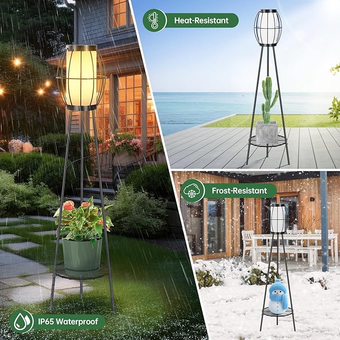 2 Pack Solar Lights Outdoor with Plant Stands Solar Floor Lamps Black Metal Tripod Deck Lights Patio Decor for Garden Yard Pathway Driveway Porch