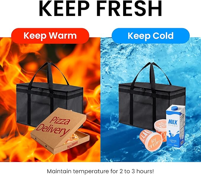 NZ home Insulated Bags for Food Delivery (2XL) Grocery Shopping Cooler Bag Pizza Delivery Hot &amp Cold Catering Tote Reusable Foldable &amp Heavy Duty (Black)