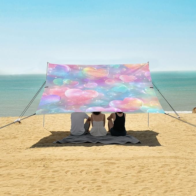 Bolaz Beach Canopy Tent Sun Shade9'×10.5' Large Family Beach Shade UPF50+- Outdoor Shade for Camping Trips FishingLove Flash Colorful Pattern