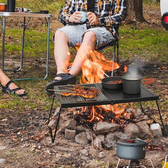 REDCAMP Folding Campfire Grill Heavy Duty Steel Mesh Grate 23.6 Portable Camping Grates Over Fire Pit Campfire Cook Equipment with Legs Carrying Bag Grilling Rack for Outdoor Open Flame Cooking