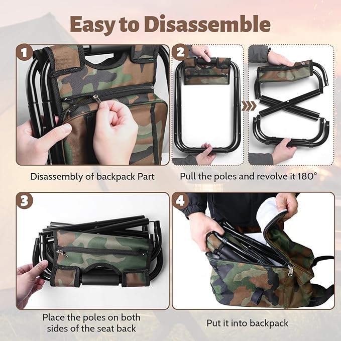 Folding Camping Chair Stool Backpack with Cooler Insulated Picnic Bag Portable Hunting Fishing Multifunction Chair for Outdoors Hiking Hunting Travel (Camouflage)